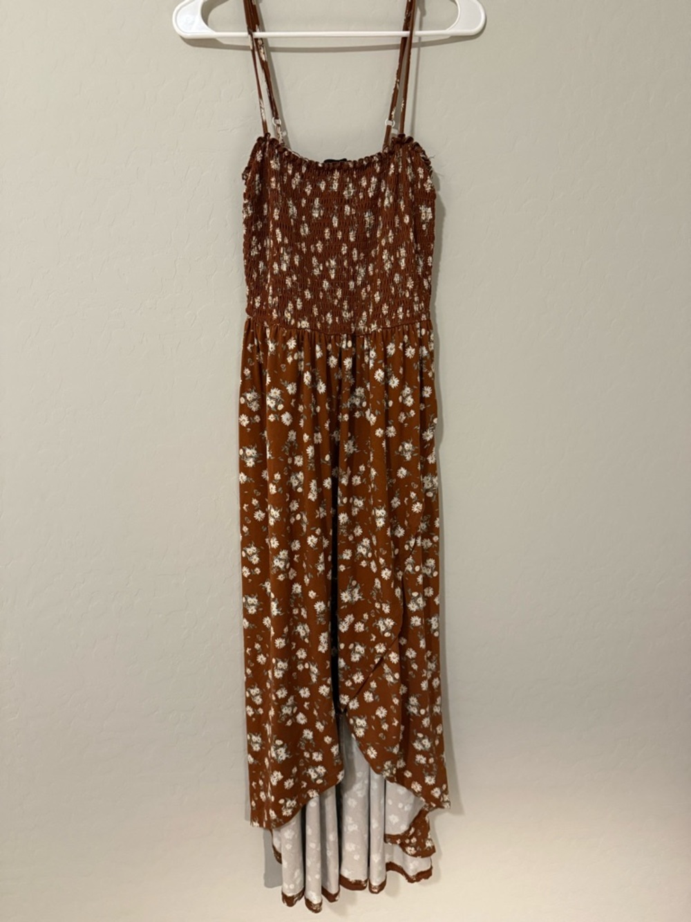 Floral Smocked High Low Dress Brown Boho -  Size M
